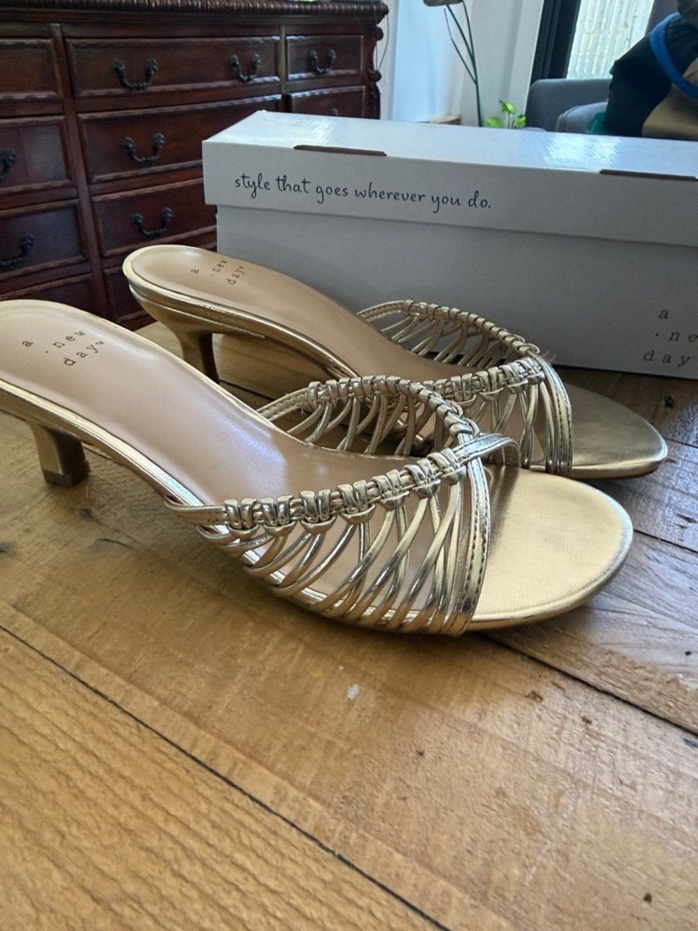 a new day Metallic Gold Braided Strappy Mule Kitten Heels - Picture 2 of 5